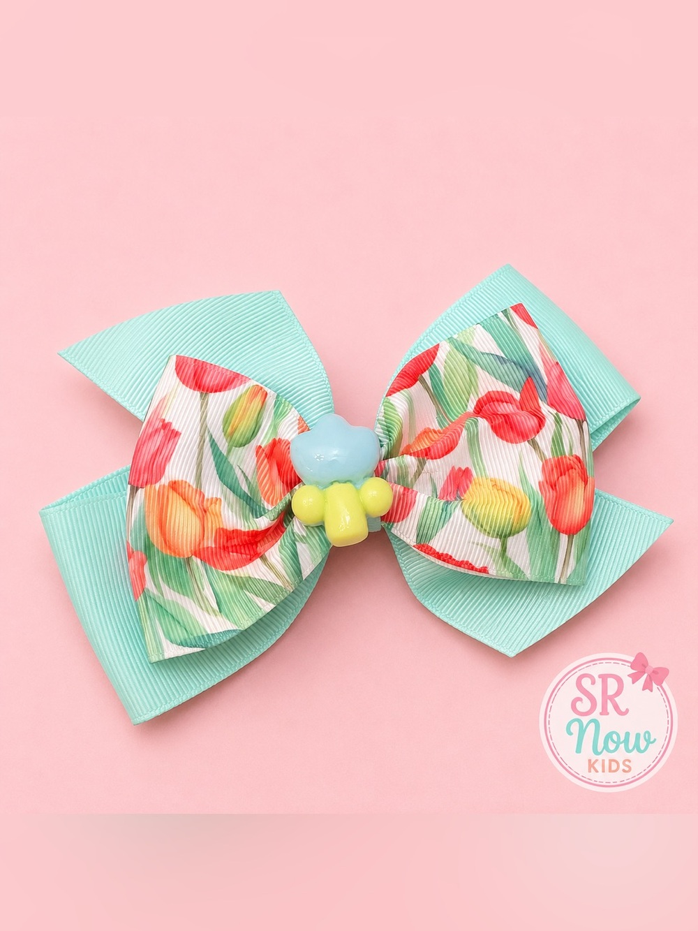 Girls Multicolor Floral Tulip Hair Bow Large Grosgrain Ribbon Alligator Clip